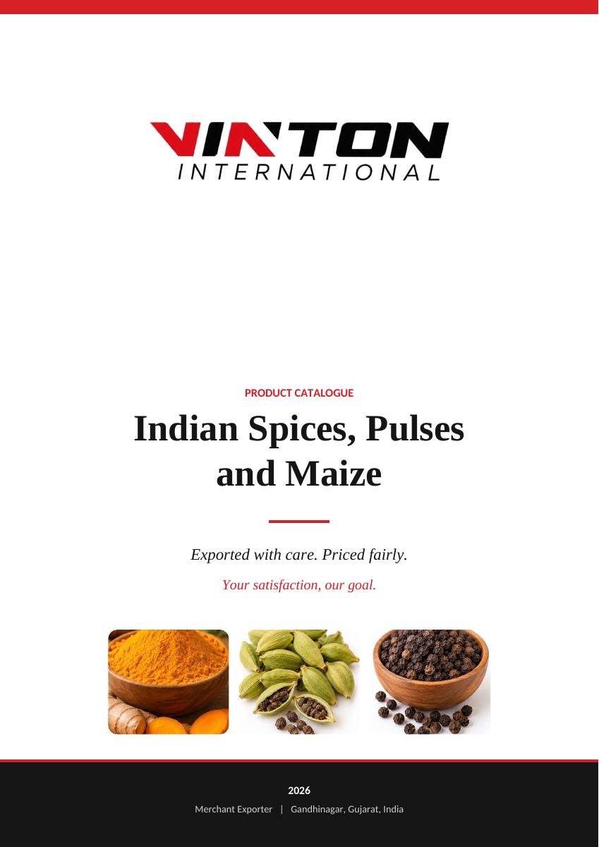 Vinton International product catalogue — Indian spices, pulses and maize
